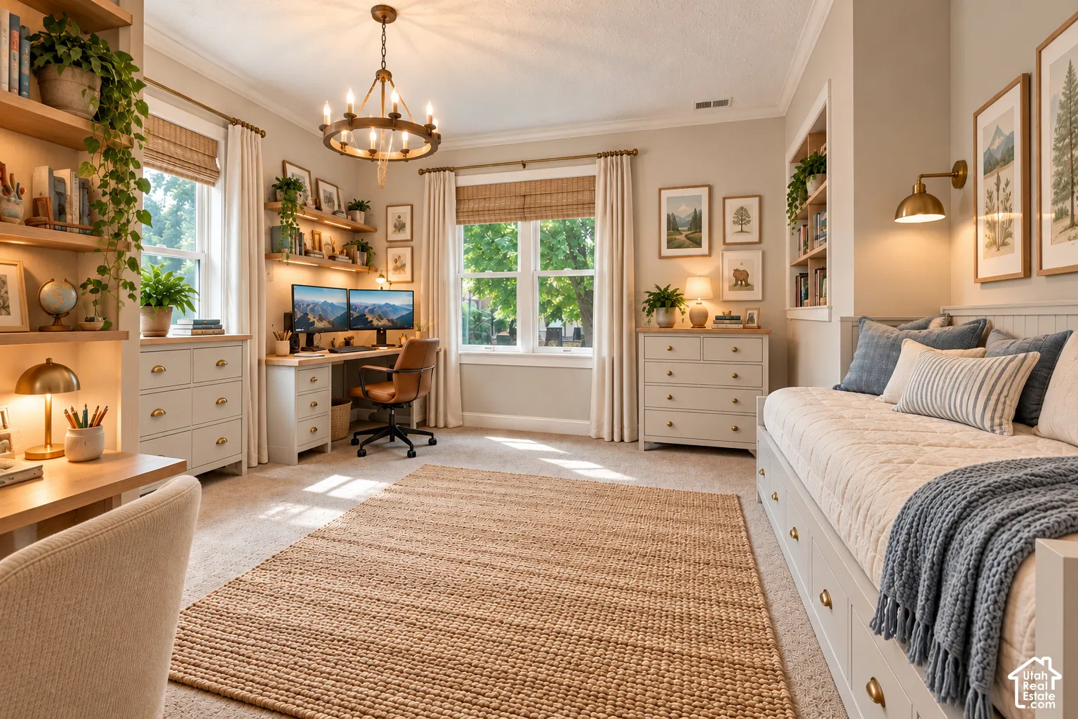 Recessed shelving with integrated lighting, dual window treatments, built-in desk with task lighting, wood-finish chandelier, and built-in daybed with integrated storage