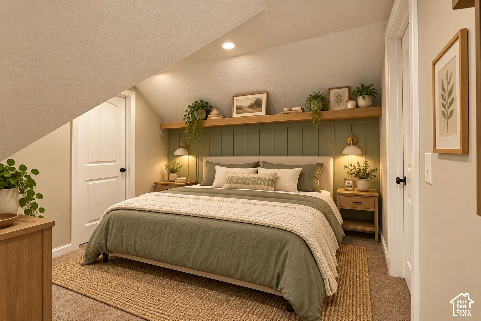 Recessed ceiling lighting illuminates a room with a sloped ceiling