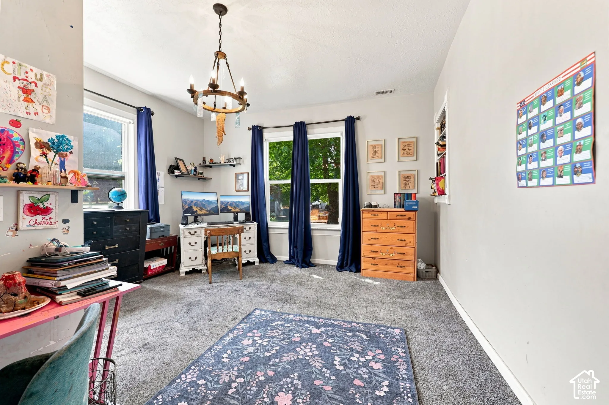 Carpeted flooring with light gray walls and white trim