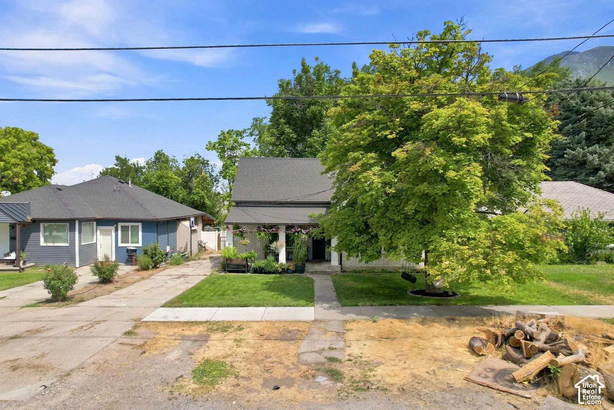 Exterior featuring a mature tree, manicured lawn, and paved walkway leading to the entrance