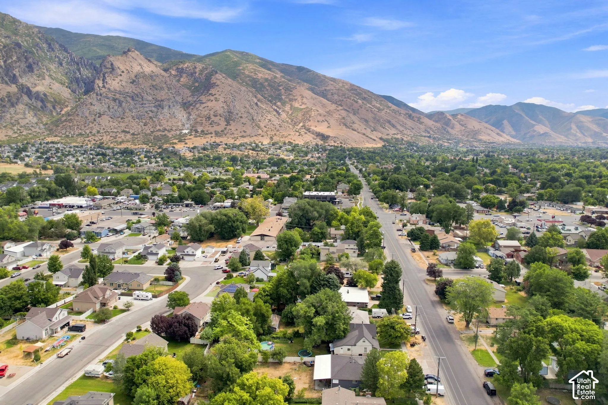 Expansive mountain backdrop with a tree-lined residential area and a central thoroughfare