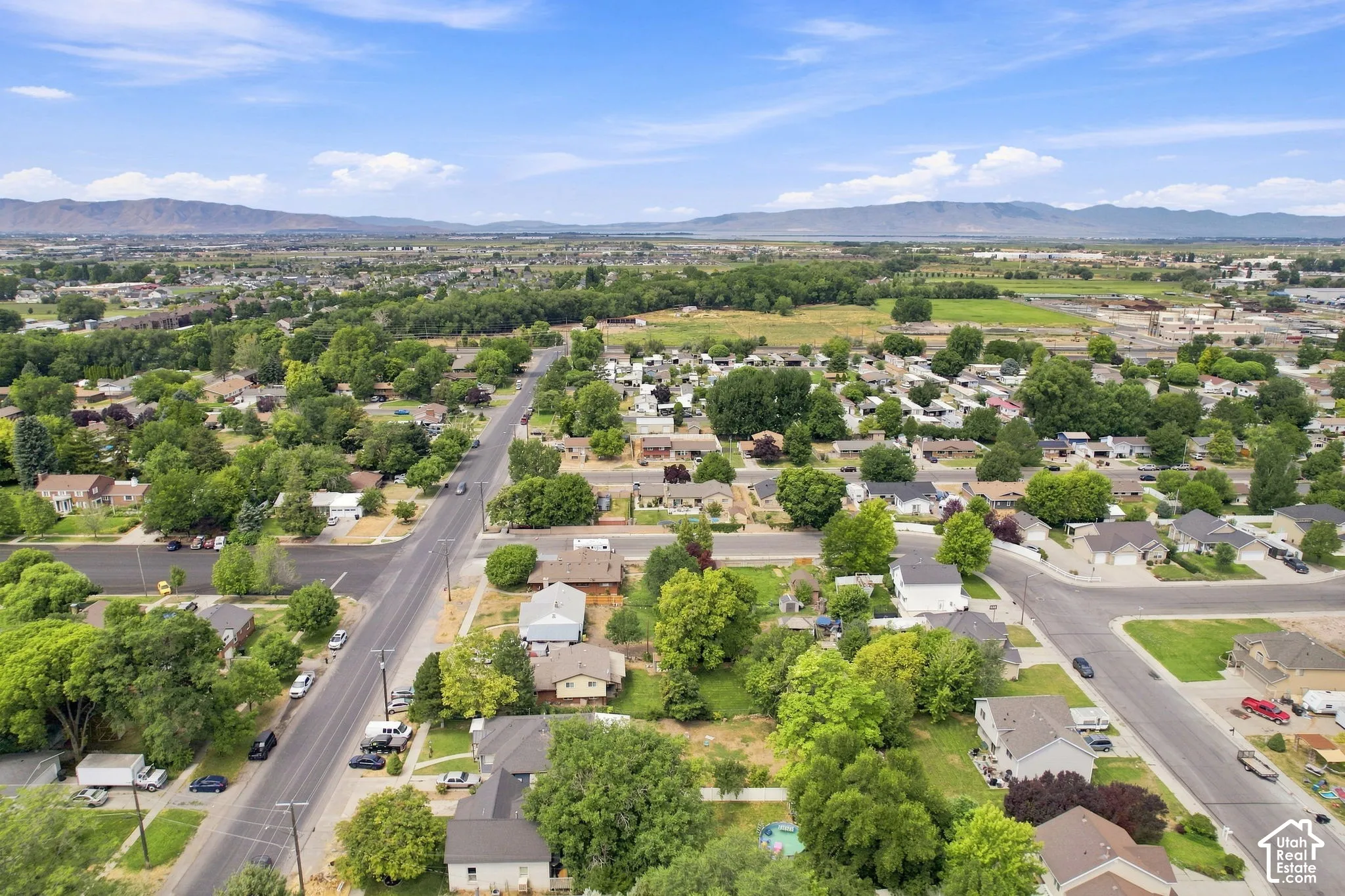 Aerial perspective of a residential area with established trees and paved roads