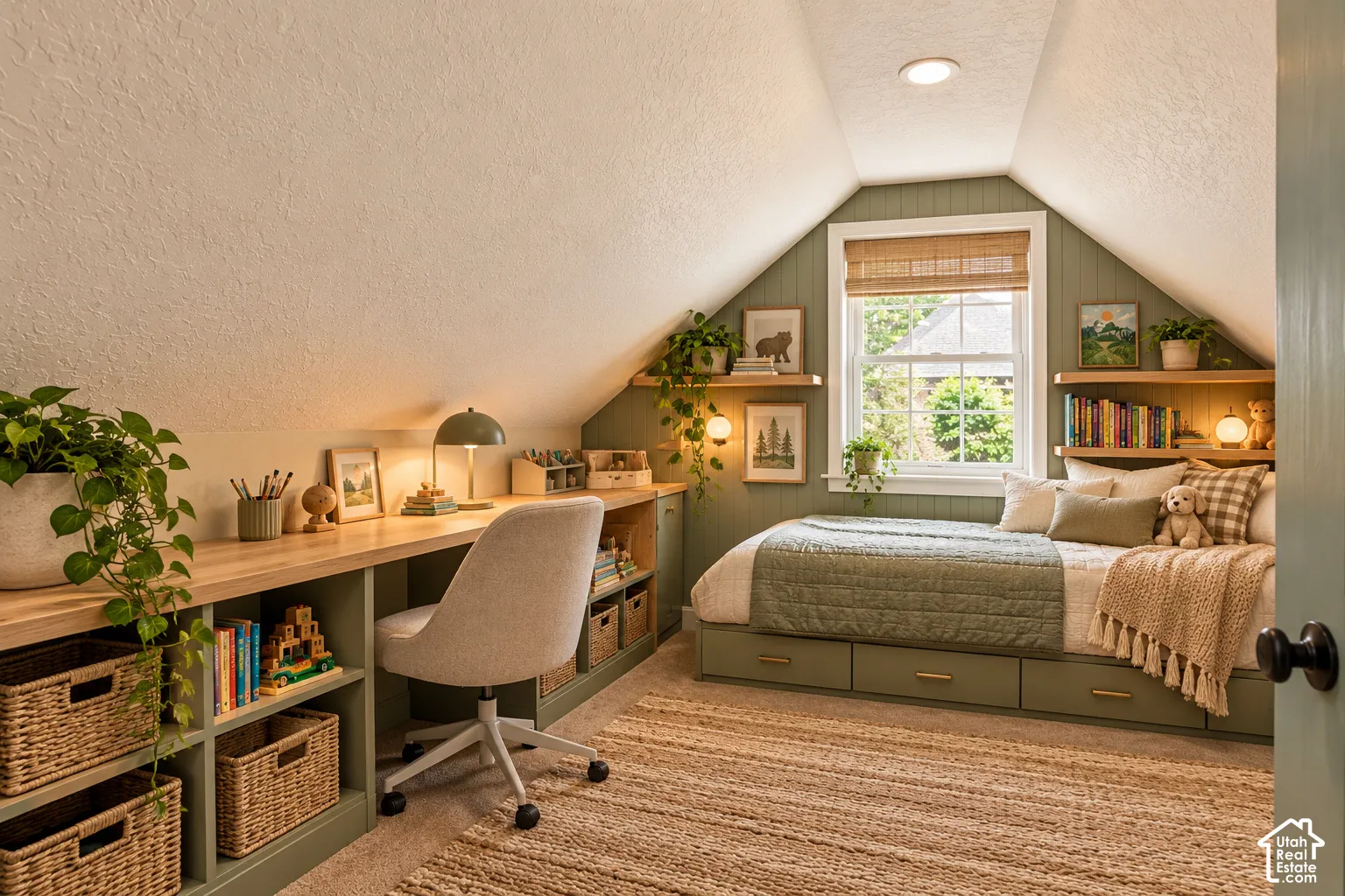 Attic conversion featuring a built-in wood-finish desk with integrated shelving, recessed lighting, and a window with natural light