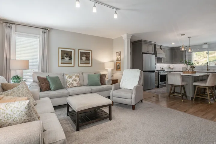 Open-concept living area with track lighting and a large window