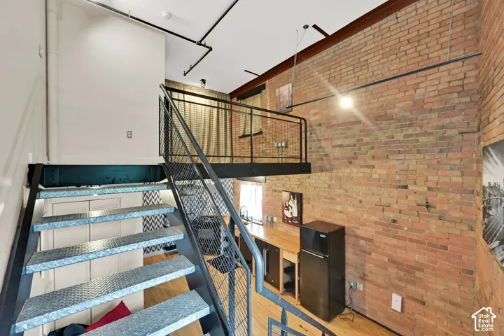 Industrial-style metal staircase with diamond plate treads