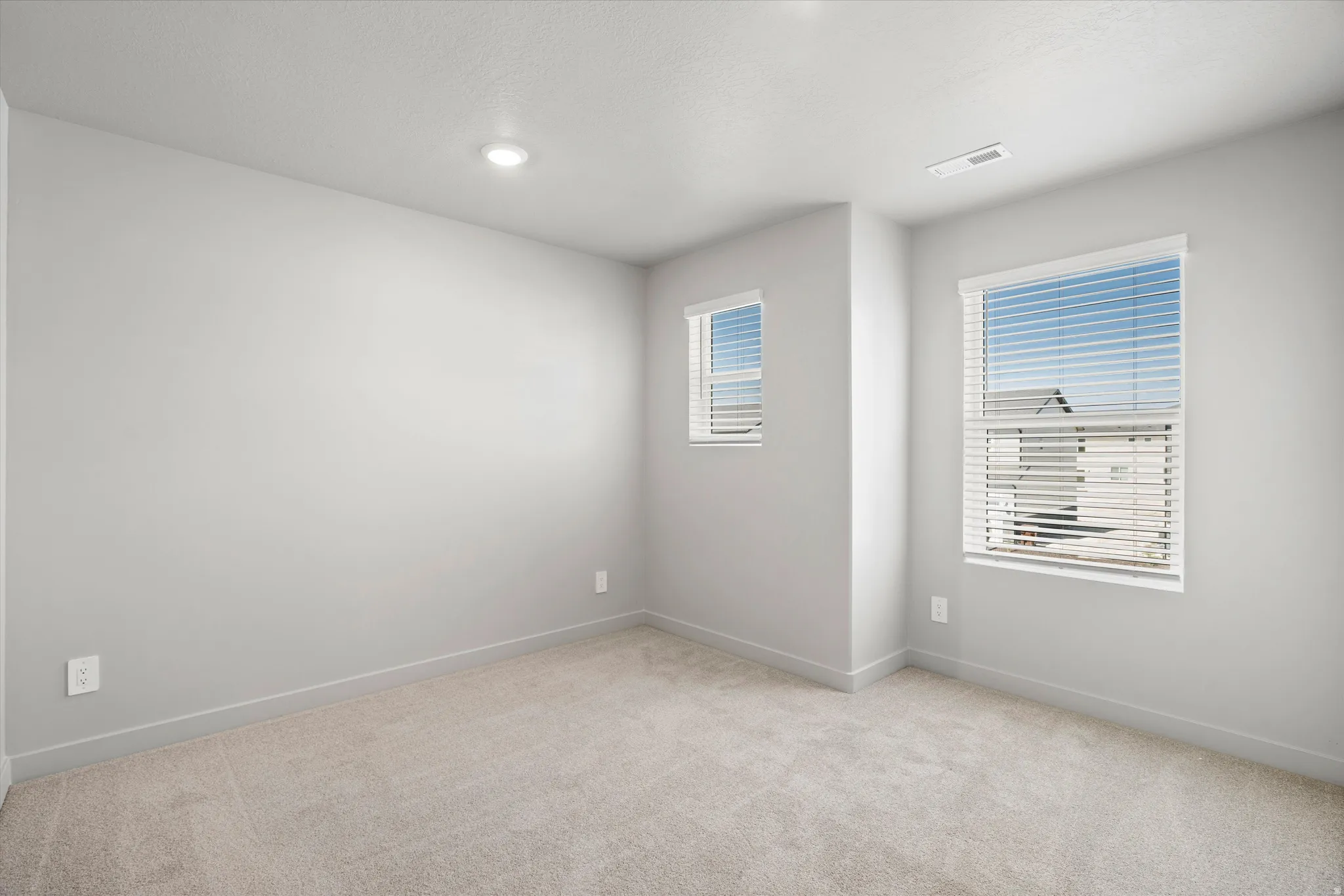 Plush carpet flooring, recessed ceiling lighting, two windows with blinds, and neutral wall tones