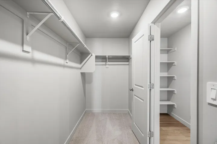 Recessed lighting, wall-mounted shelving, built-in clothing rod, paneled interior door, and light-toned flooring