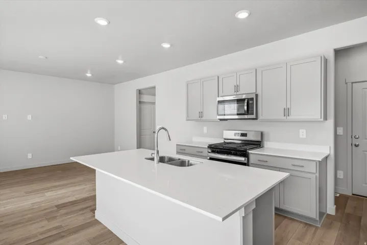Kitchen featuring light wood-finish flooring, recessed lighting, a center island with undermount double-basin sink, light-toned cabinetry, and stainless steel appliances