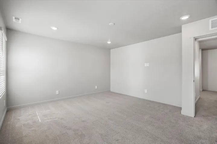 Recessed lighting, light gray carpeting, neutral wall color, and window with horizontal blinds