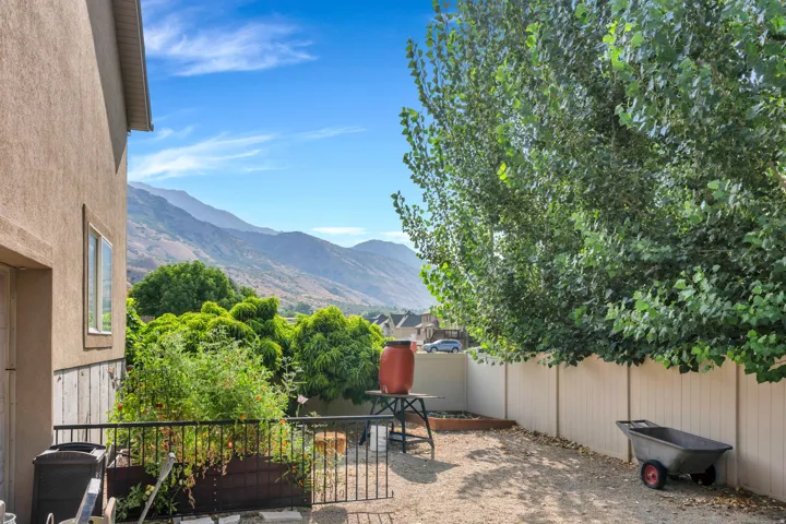 Private backyard with a neutral-toned privacy fence, established trees, and mountain scenery.