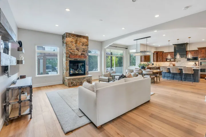 Great room, dining and kitchen.