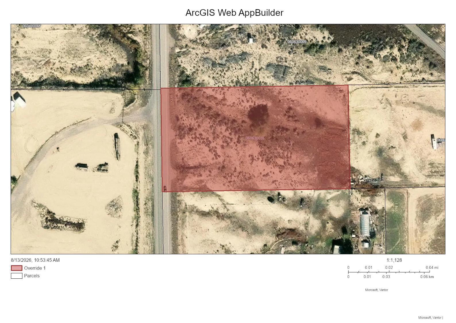 ArcGIS Web AppBuilder Map. Depicting an aerial view of the property with an overlaid parcel boundary