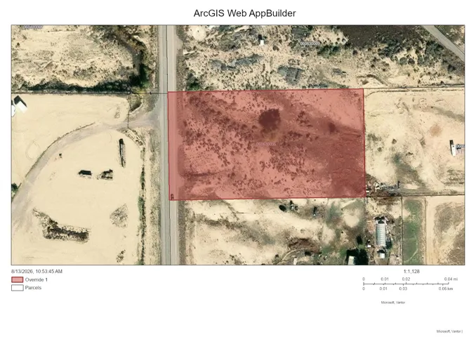 ArcGIS Web AppBuilder Map. Depicting an aerial view of the property with an overlaid parcel boundary