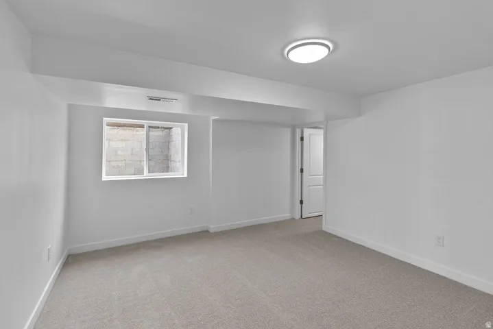 Neutral wall paint, ceiling-mounted light fixture, light gray carpeting, egress window, and white trim