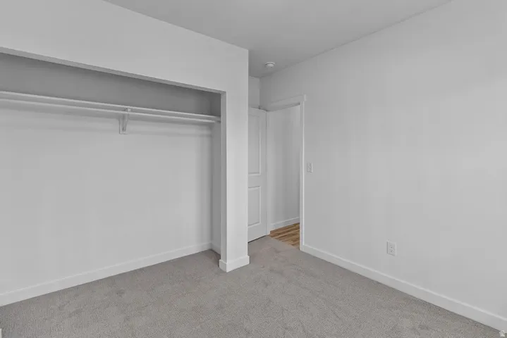 Light gray carpeting, white painted walls, and an open closet with a single hanging rod