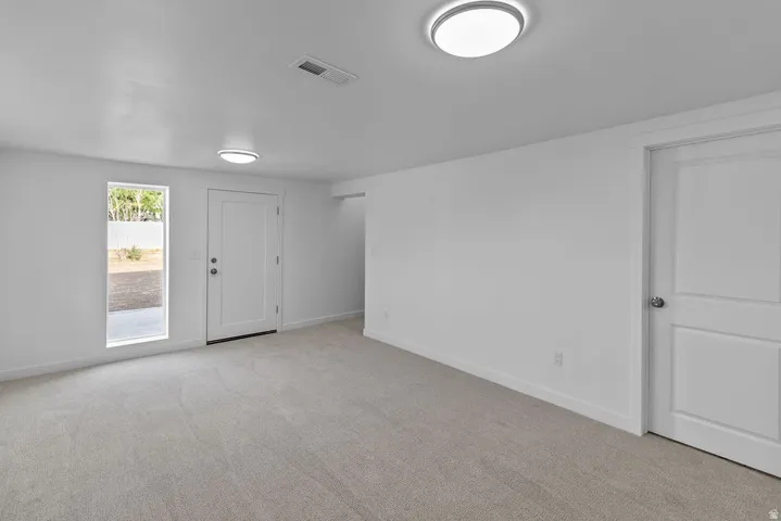 Light gray carpeting with recessed lighting, white walls, and a modern entry door with a rectangular window