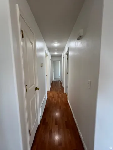Hallway featuring wood-finish flooring, recessed lighting, and white paneled doors