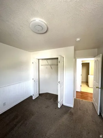 Carpeted flooring, white wainscoting, bi-fold closet doors, and recessed lighting