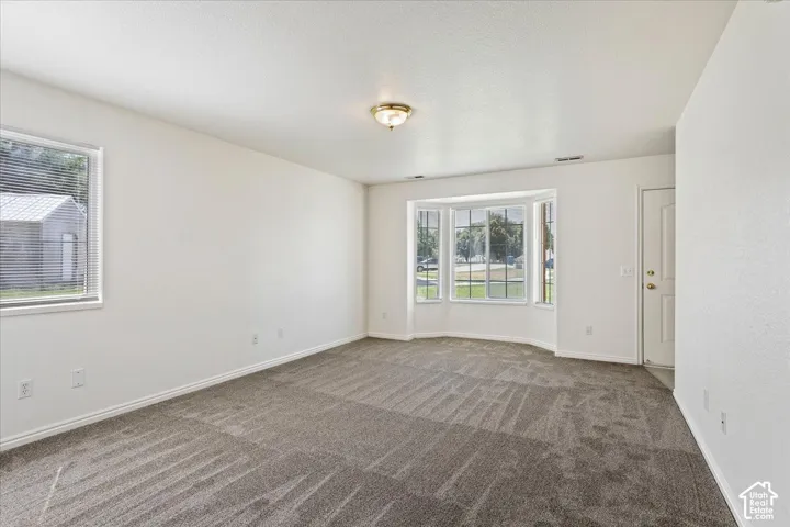 Recessed bay window, neutral carpeting, flush-mount ceiling light fixture, white interior door, and window with blinds