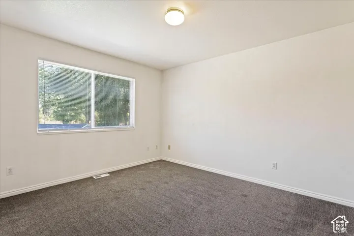 Recessed window with blinds, overhead flush-mount lighting, and carpet flooring