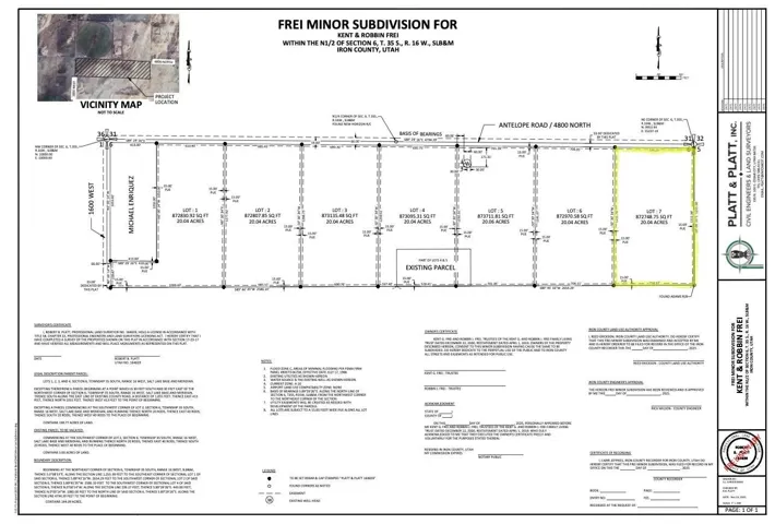 Minor Subdivision Plat. Illustrating the division of a parcel into multiple lots with associated details and a vicinity map