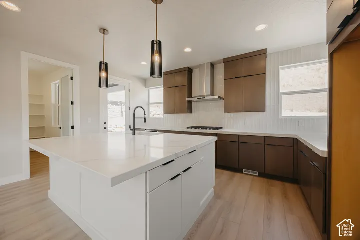Kitchen featuring a large island with white countertops, dark wood-finish cabinetry, a stainless steel range hood, and pendant lighting