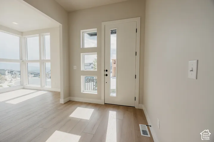 Entryway with wood-finish flooring, a white front door featuring a vertical glass panel, and three rectangular windows