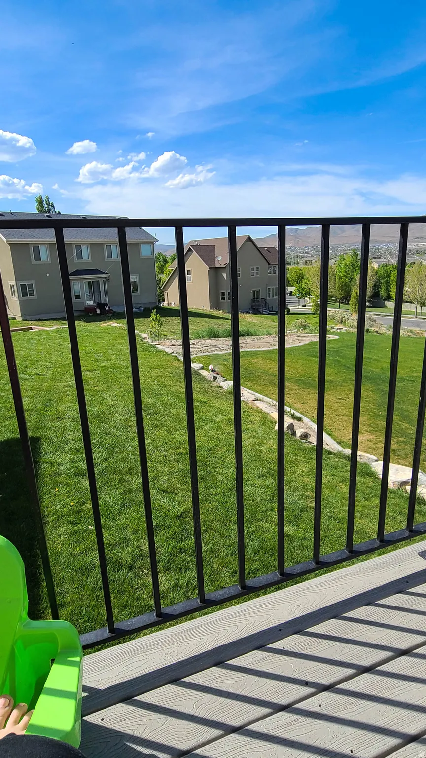 Composite decking with black metal railings overlooking a landscaped backyard and distant properties