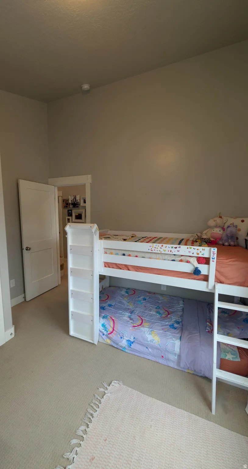 Carpeted room with a white interior door and neutral-toned walls