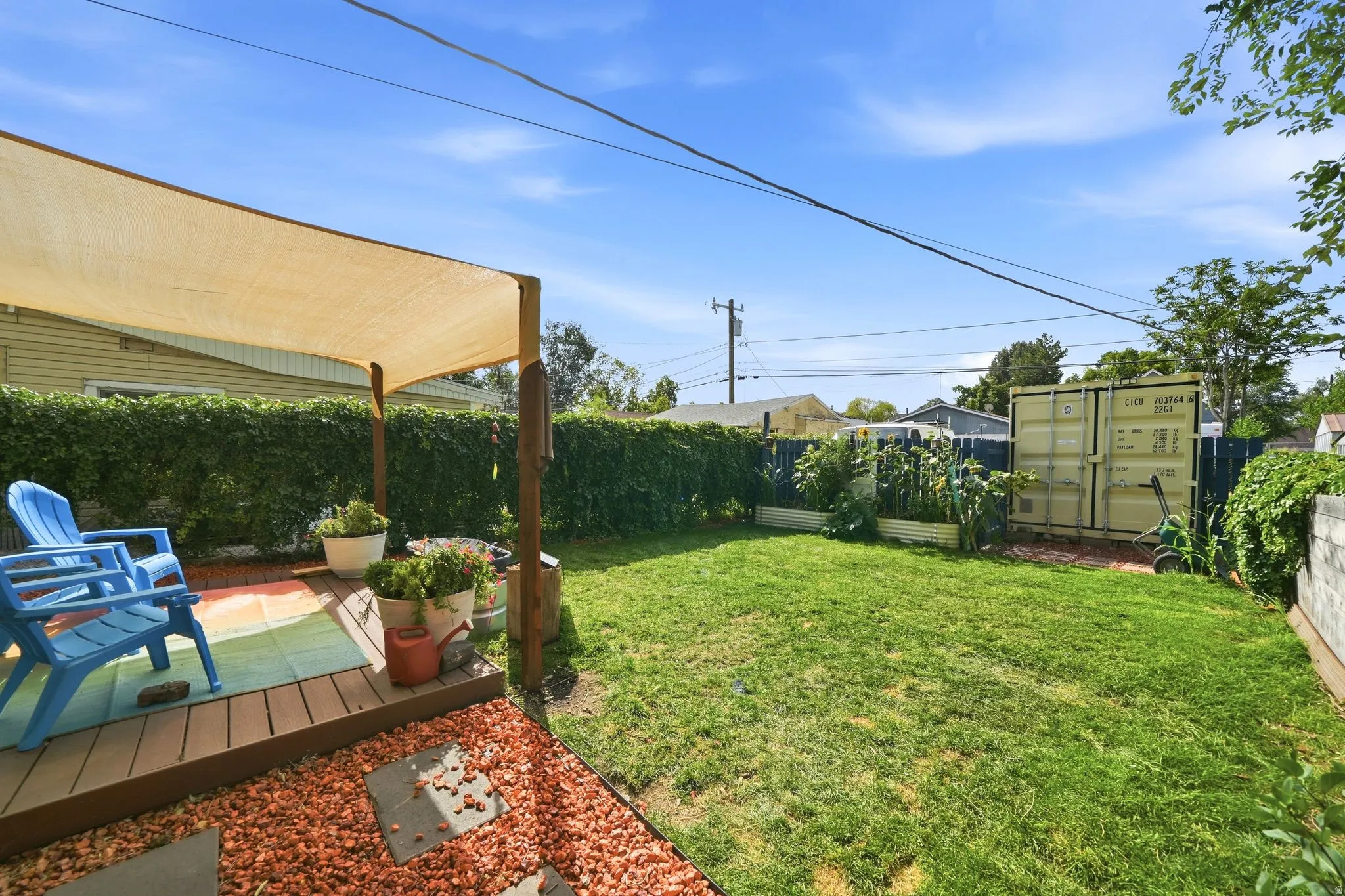 Expansive backyard featuring a manicured lawn, established privacy hedges, and a raised garden bed