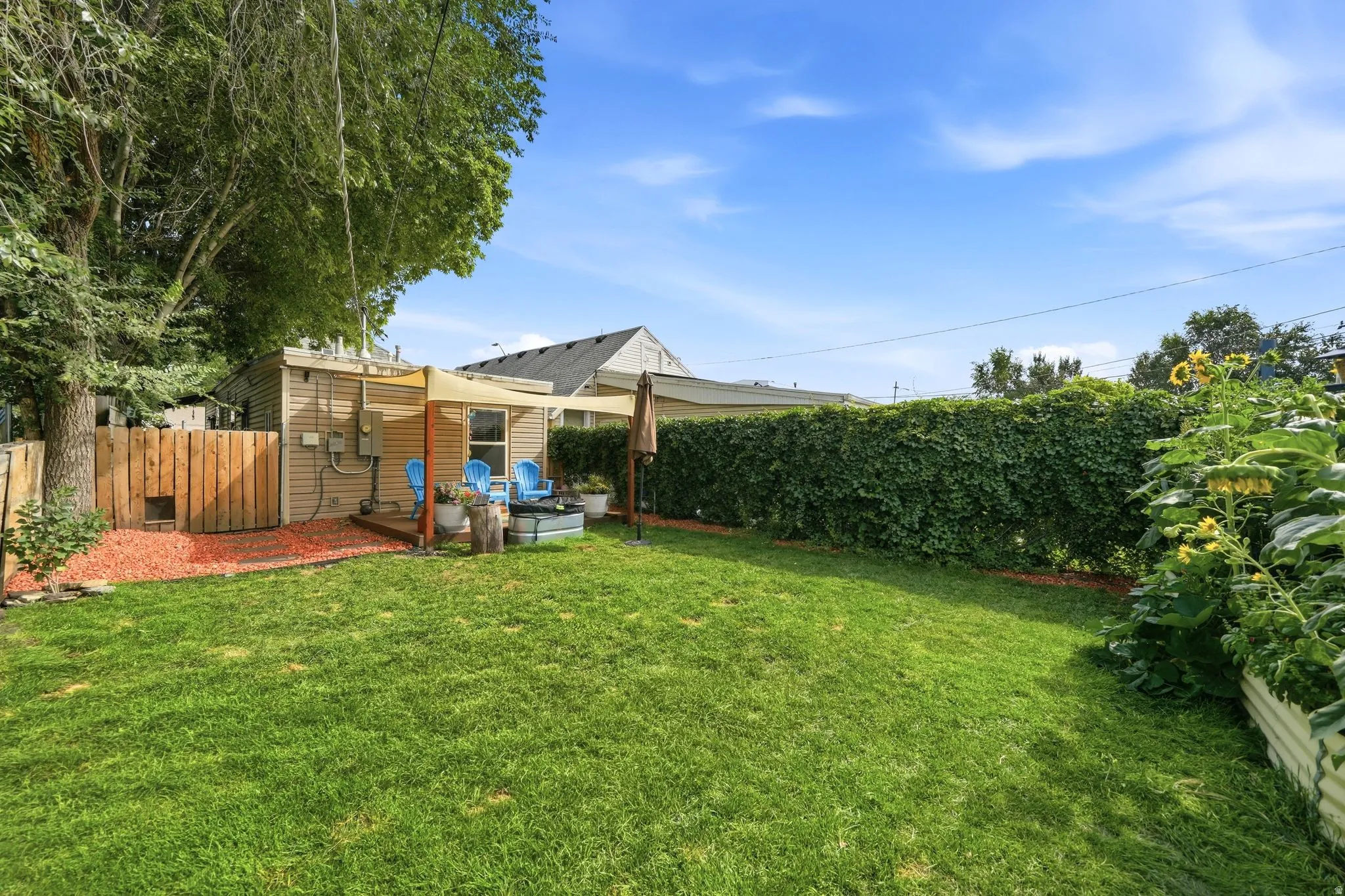 Expansive backyard featuring a lush lawn, privacy hedge, wood fencing, and a raised garden bed