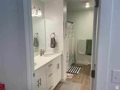 Dual vanity with under-sink cabinetry, wood-finish flooring, and a shower with a shower curtain rod
