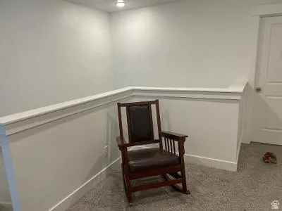 Carpeted area featuring a white painted knee wall with cap, painted walls, and a white interior door
