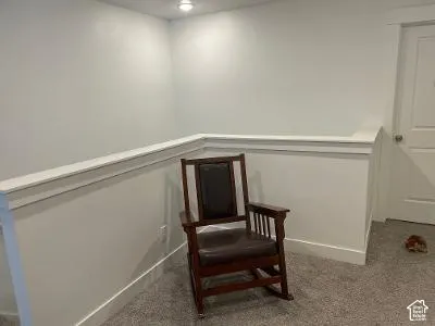Carpeted area featuring a white painted knee wall with cap, painted walls, and a white interior door
