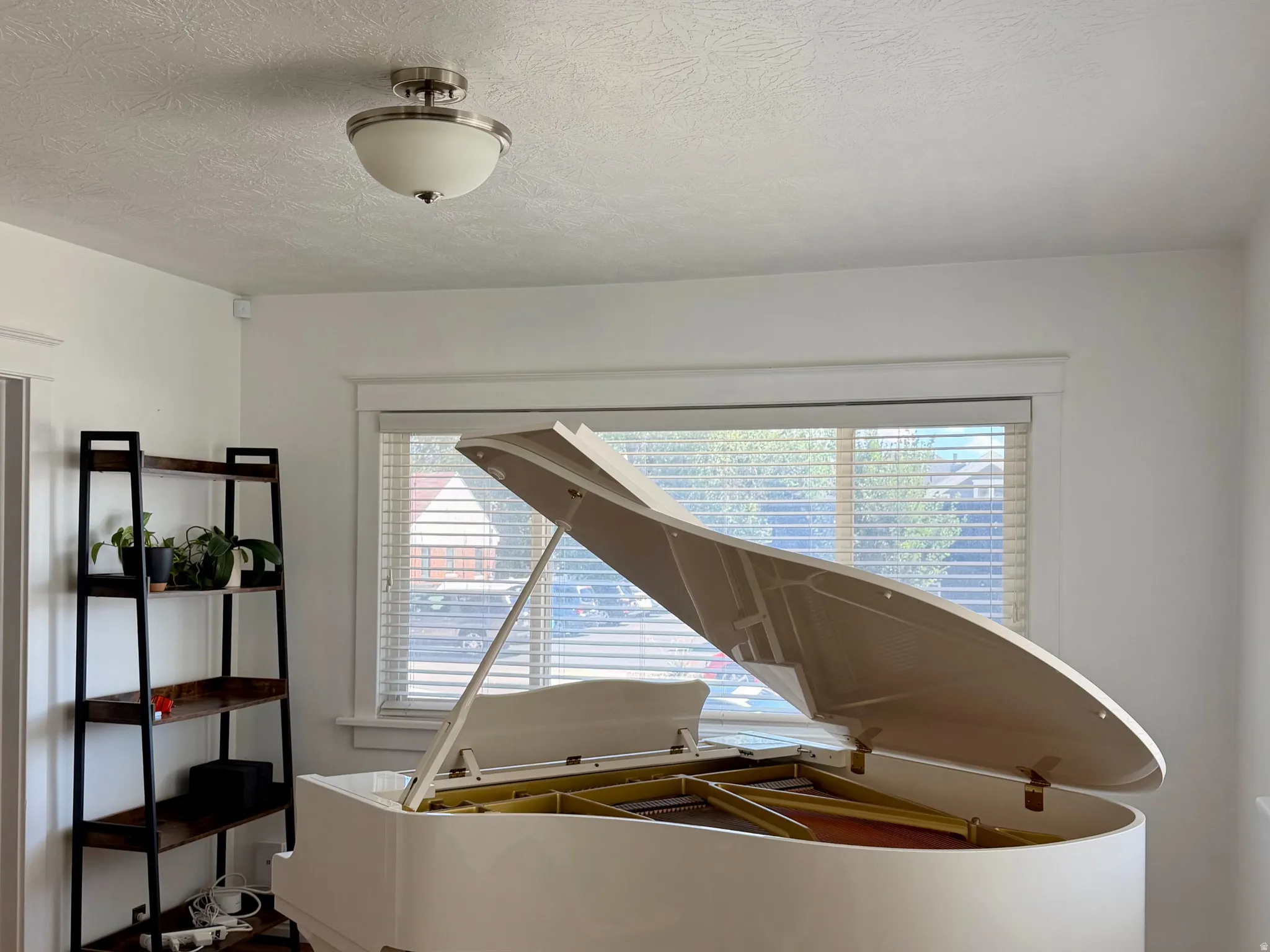 Hardwood flooring throughout, large window with horizontal blinds, and a built-in recessed ceiling light fixture