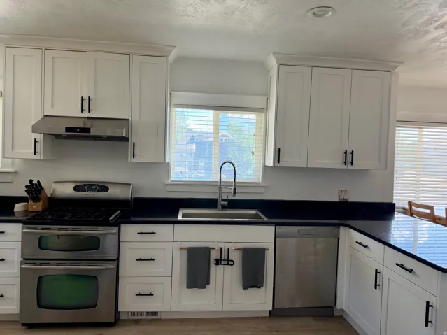 White cabinetry with black hardware, dark countertops, stainless steel appliances, and a stainless steel sink with a gooseneck faucet