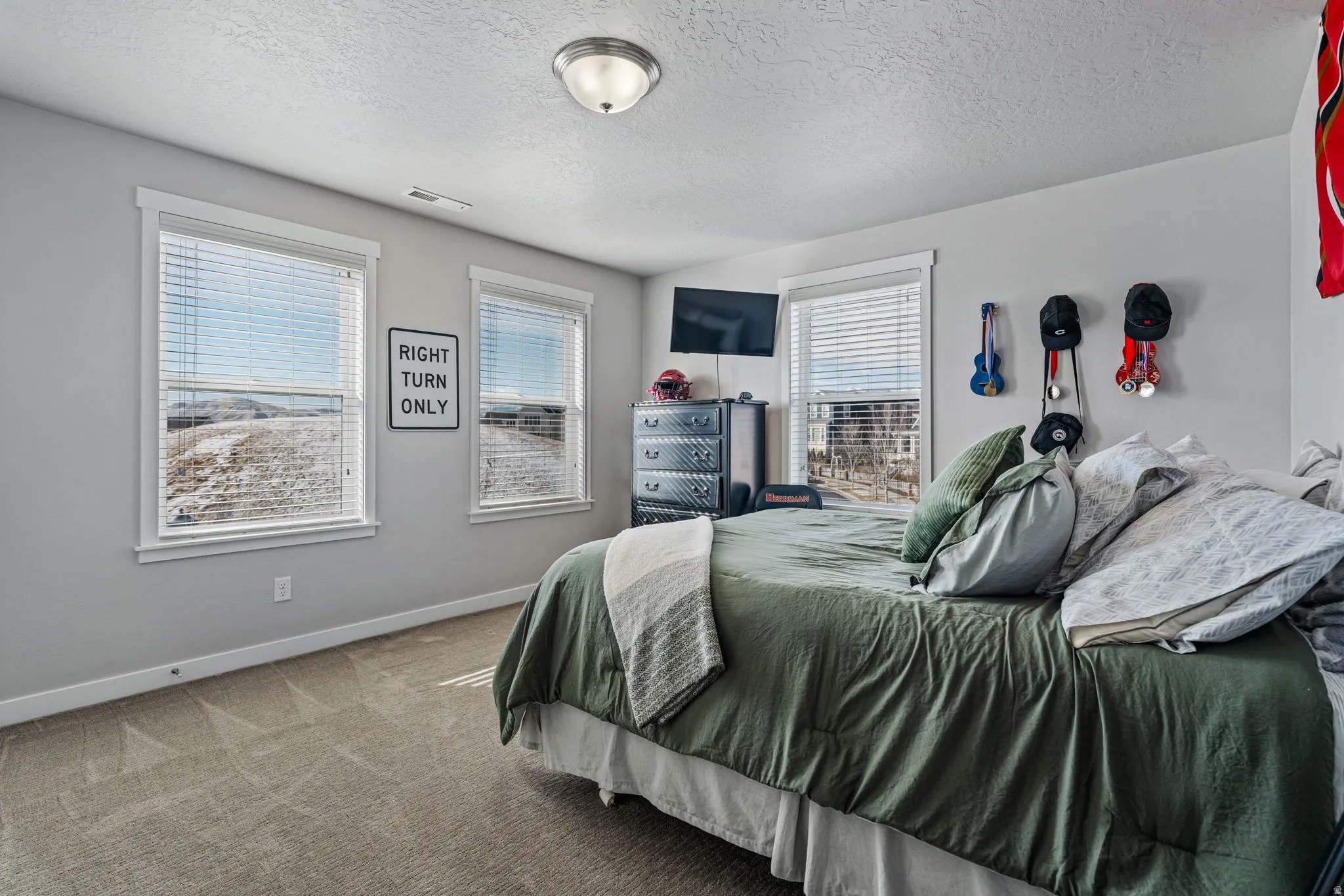 Recessed lighting, light gray wall color, two windows, carpeted flooring, and a ceiling light fixture