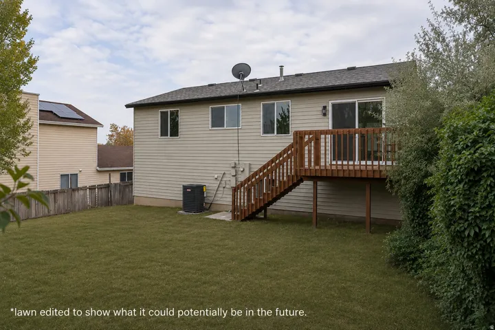 Rear exterior with a wooden deck, sliding glass door, and multiple windows