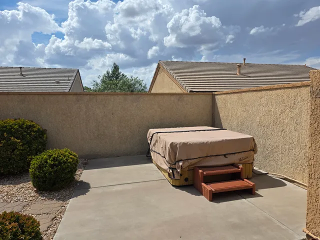 Private patio space featuring a spa, concrete paving, and decorative shrubbery