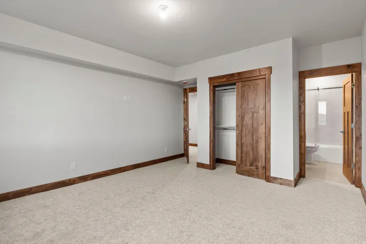 Plush carpeting, warm wood-finish trim, and a built-in closet with sliding doors