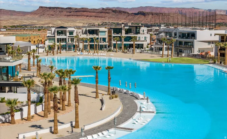 Expansive turquoise lagoon with surrounding sand beaches