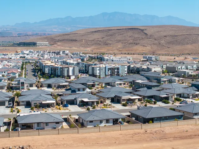 Expansive residential community with diverse architectural styles, including modern and contemporary residences