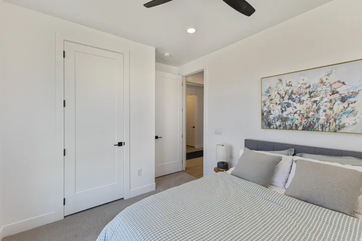 Recessed lighting, ceiling fan, white paneled doors, black hardware, carpet flooring