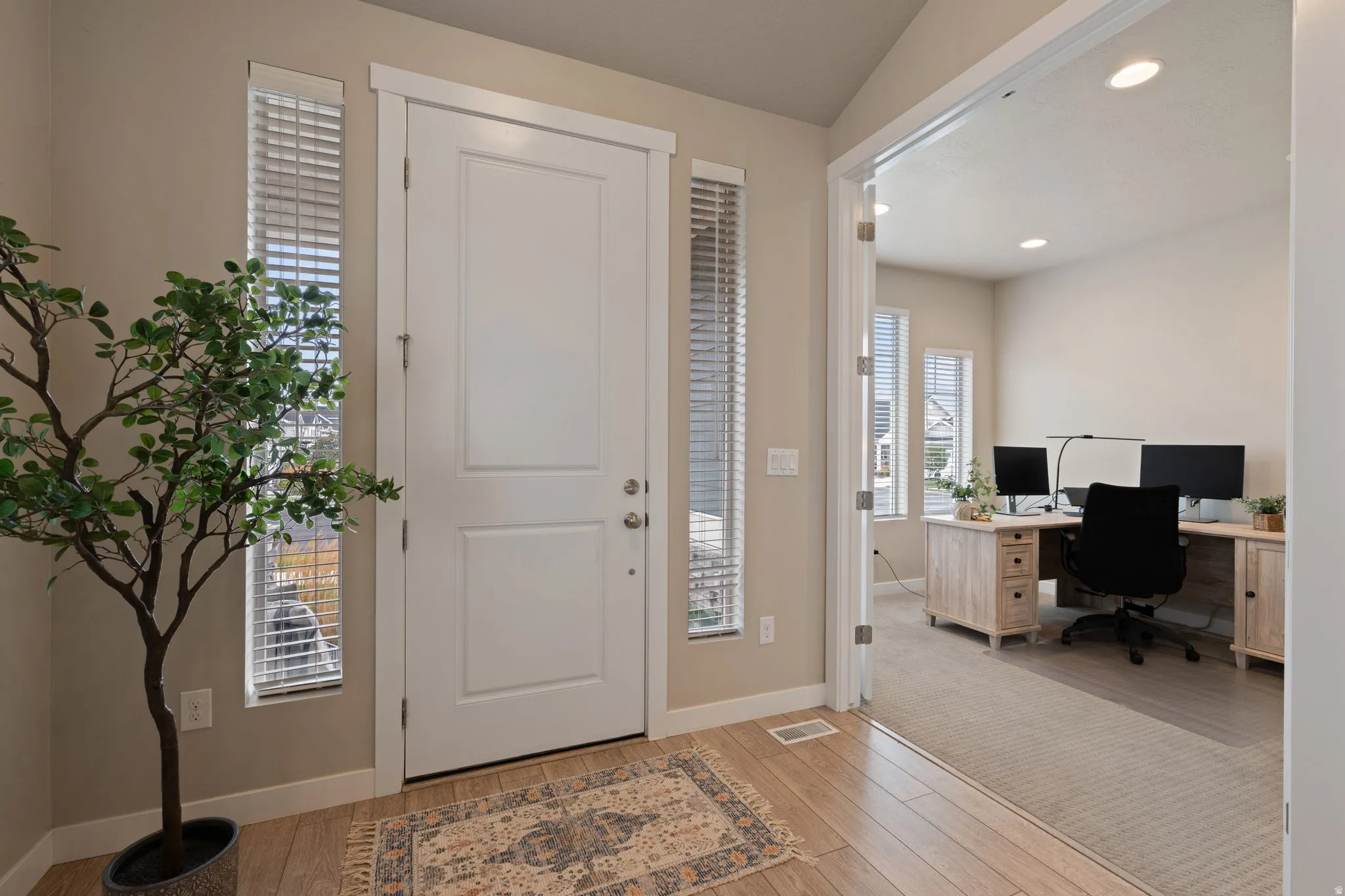 Front entry with wood-finish flooring, sidelight windows, and a panel door