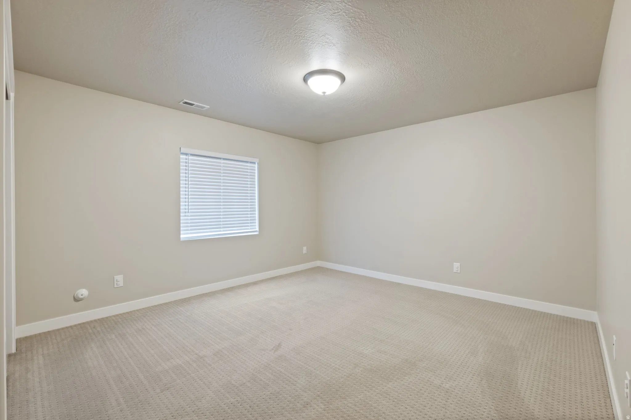 Carpeted flooring, neutral wall tones, recessed window, ceiling-mounted light fixture, white trim