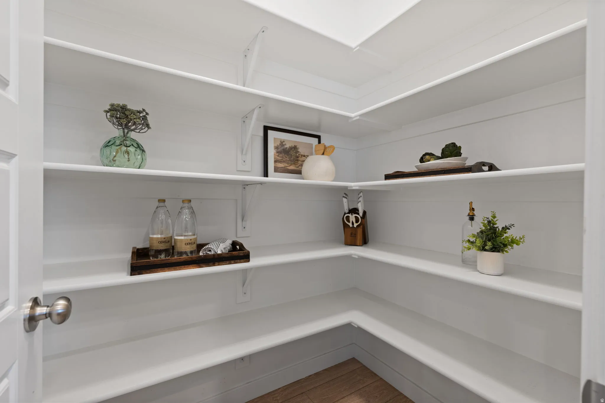 Corner pantry featuring white shelving, shiplap-style walls, and wood-finish flooring