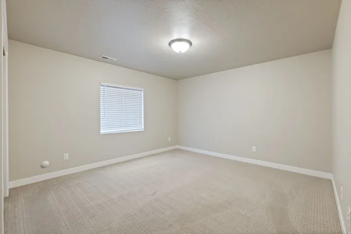 Carpeted flooring, neutral wall tones, recessed window, ceiling-mounted light fixture, white trim