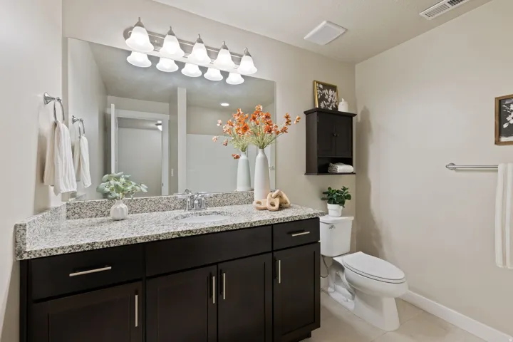 Vanity with built-in sink, granite countertop, and dark wood-finish cabinetry