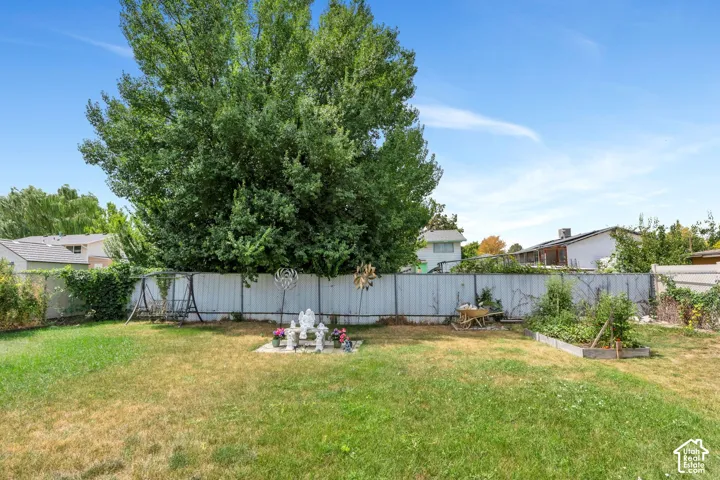 Expansive backyard with a large mature tree, perimeter fencing, and raised garden beds