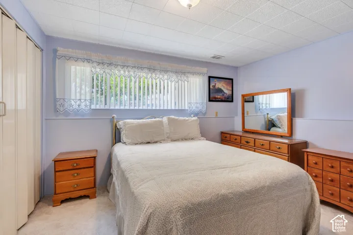 Light blue walls with white wainscoting, a drop ceiling, and carpet flooring